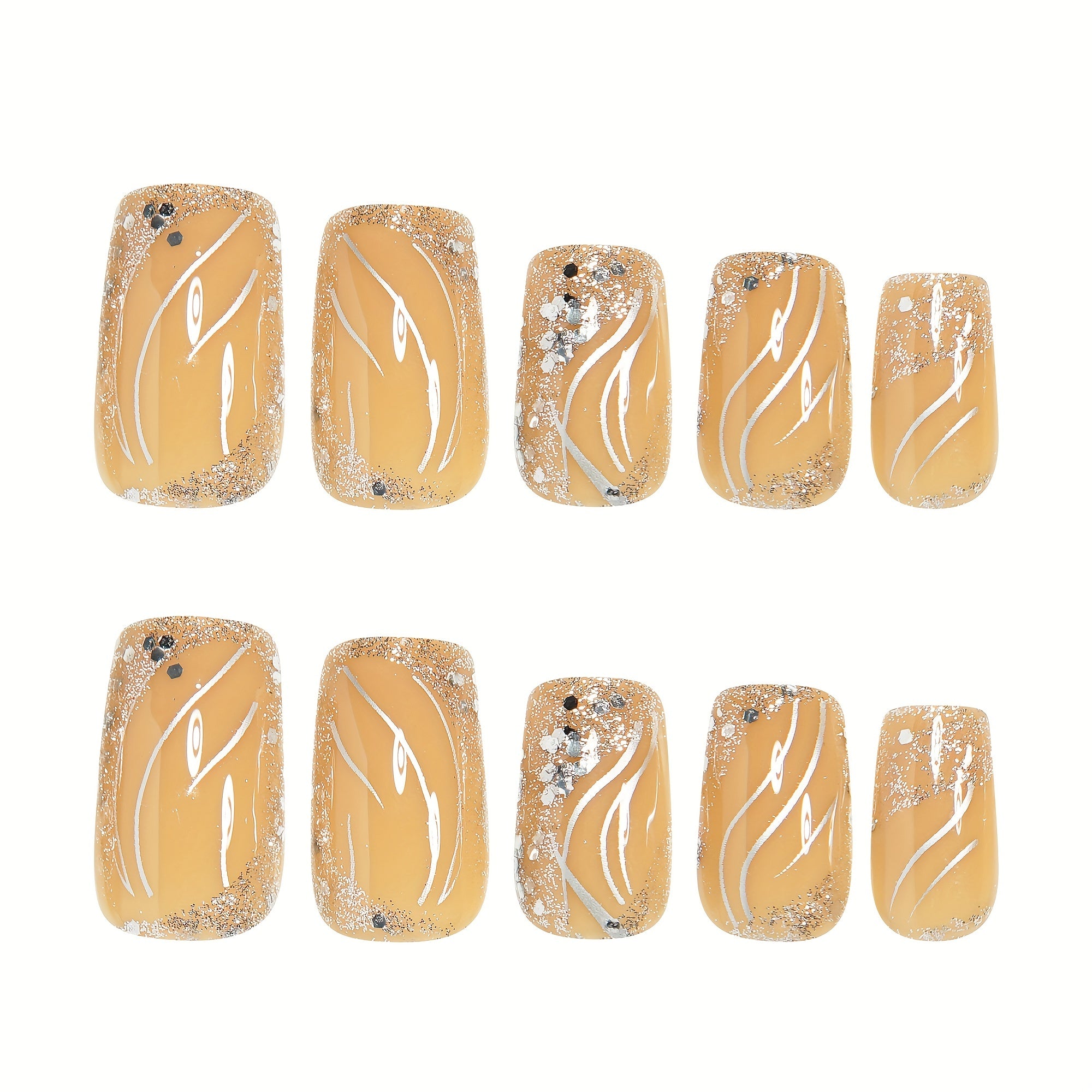 A Box Of 24pcs Of Press-on French-style Shiny Silvery Glitter Elegant False Nails With Simple And Elegant Lines, Suitable For Women And Girls For Dating And Daily Wear. The Advanced Glossy Surface Can Be Detached, And The Set
